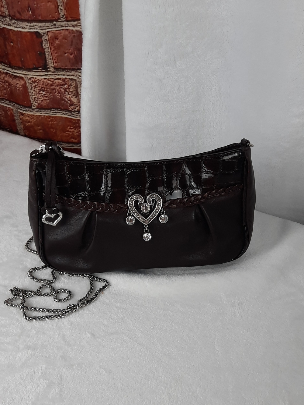 Brighton Brown Leather Croc Embossed Crystal Heart Chain Shoulder Bag